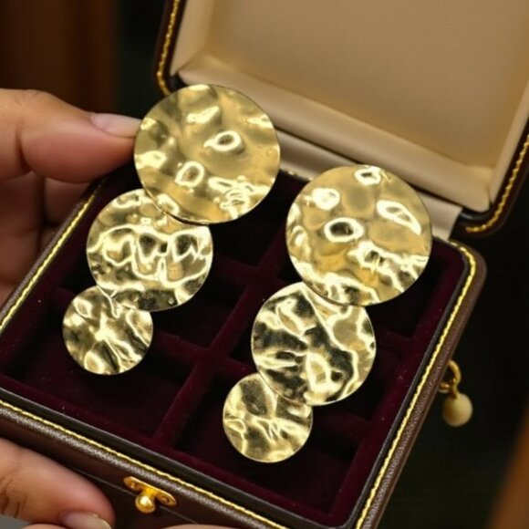 🆕️Hammered Circle Disc Earrings 18K Gold Plated Stainless Steel Statement - Picture 1 of 14